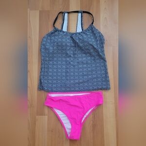 Kona Sol Women's S Small Geometric Print Tankini Swim Top Pink Bottom Swimsuit